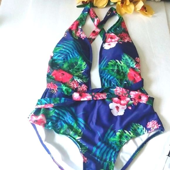 BLUE TROPICAL PLUNGE V-NECK CRISSCROSS HALTER ONE PIECE SWIMSUIT SIZE MEDIUM NWT - Picture 9 of 13